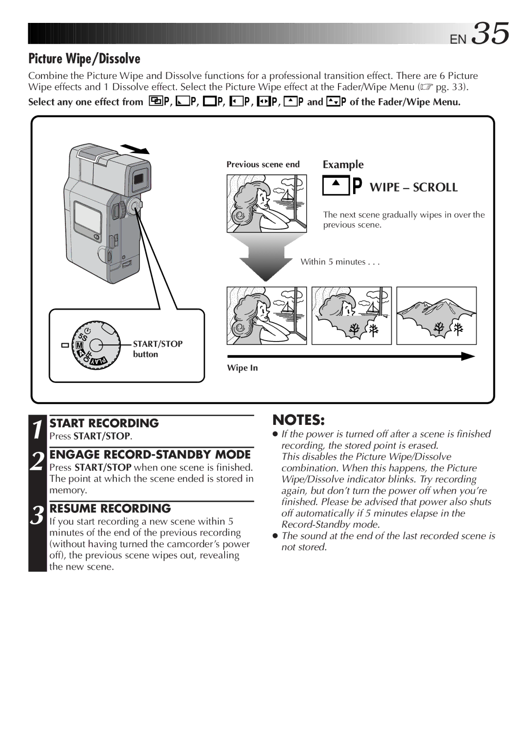 JVC GR-DV808 manual Picture Wipe/Dissolve, Resume Recording, P and P of the Fader/Wipe Menu 