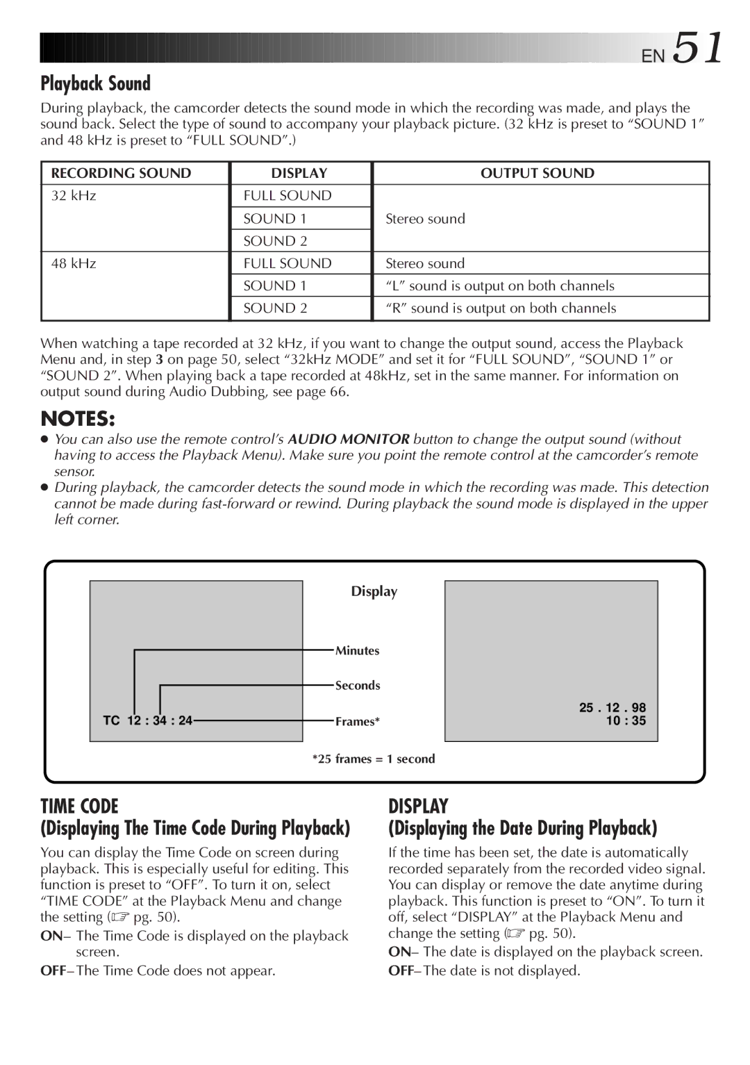 JVC GR-DV808 manual Playback Sound, Displaying the Date During Playback, Displaying The Time Code During Playback 