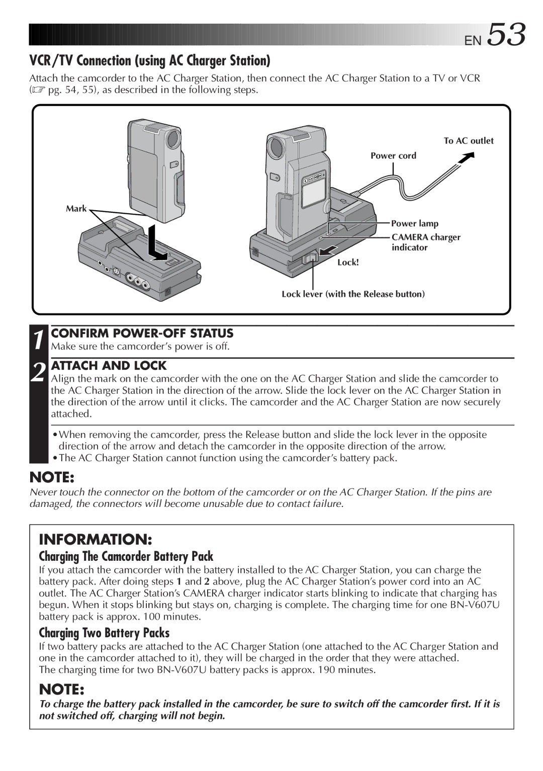 JVC GR-DV808 manual VCR/TV Connection using AC Charger Station, Confirm POWER-OFF Status, Attach and Lock 