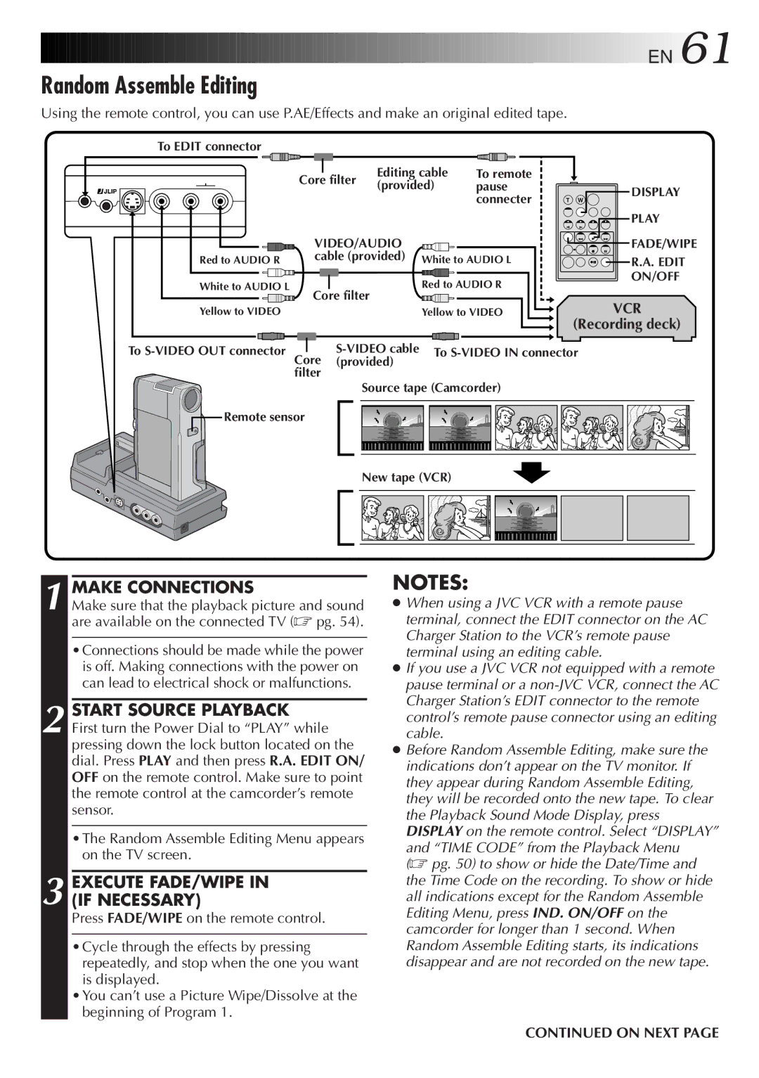 JVC GR-DV808 manual Random Assemble Editing, Execute FADE/WIPE in if Necessary 