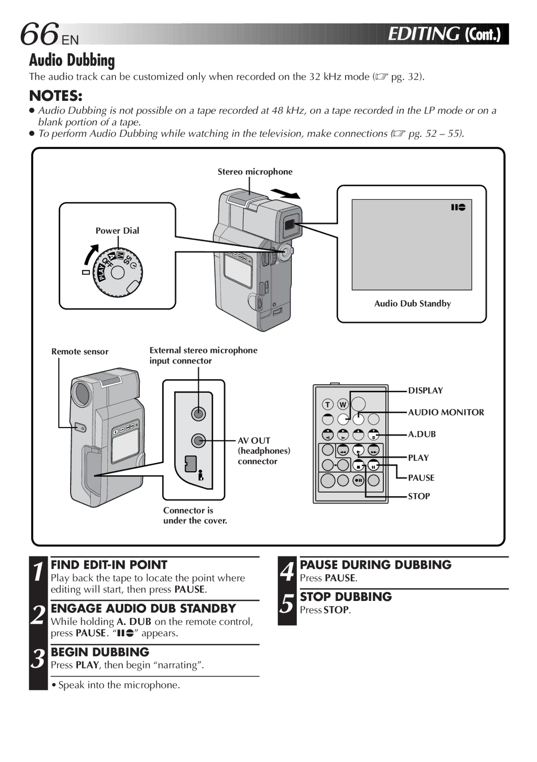 JVC GR-DV808 Audio Dubbing, Find EDIT-IN Point Pause During Dubbing, Stop Dubbing, Engage Audio DUB Standby, Begin Dubbing 