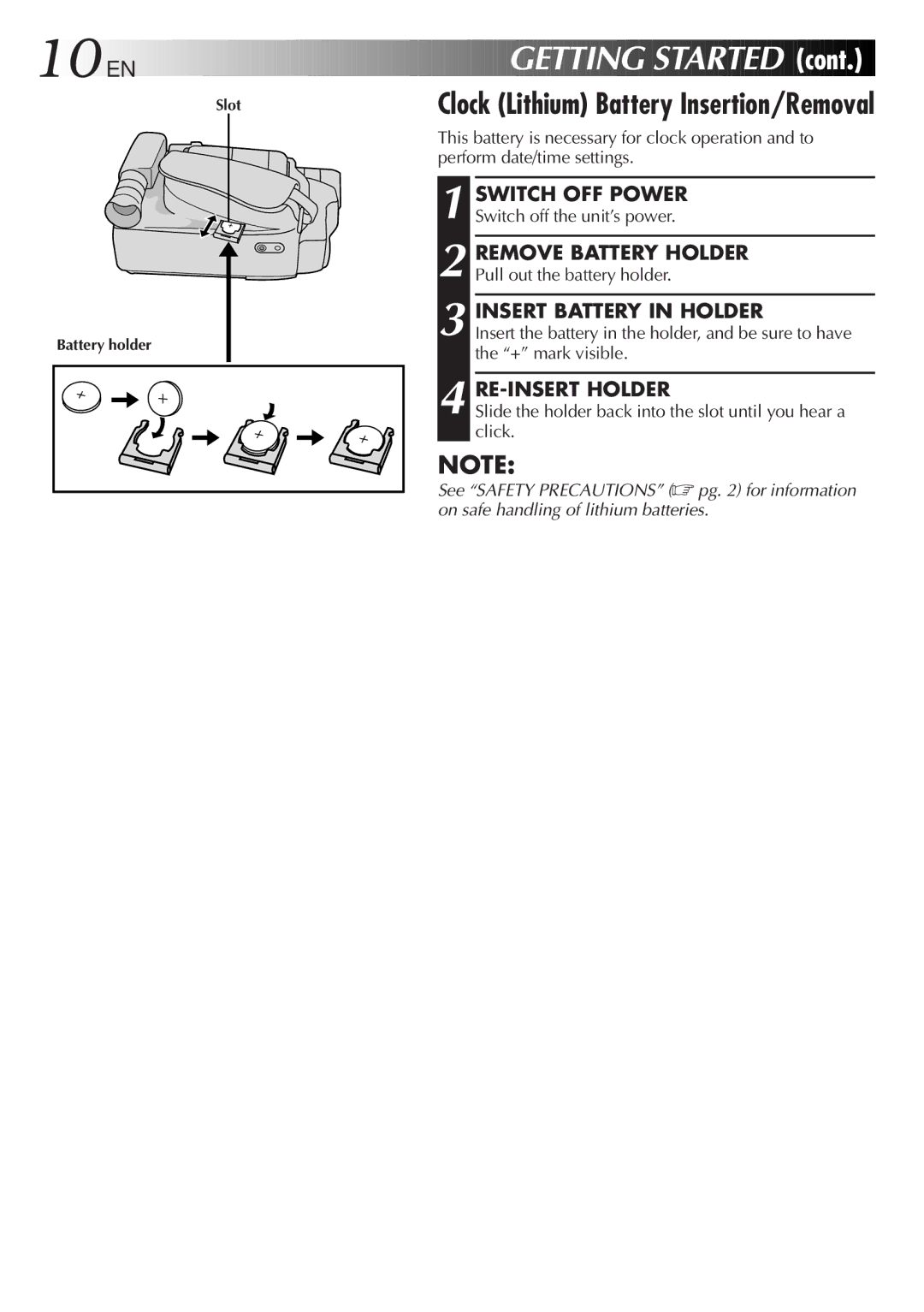 JVC GR-DVA1, LYT0217-001A manual 10 EN, Getting Started, Insert Battery in Holder, RE-INSERT Holder 