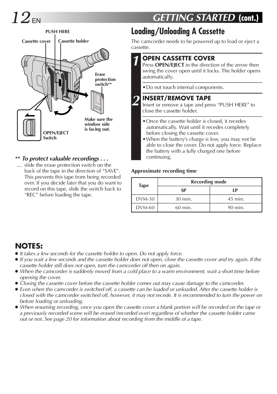 JVC GR-DVA1 manual 12 EN, Loading/Unloading a Cassette, Open Cassette Cover, INSERT/REMOVE Tape, Approximate recording time 