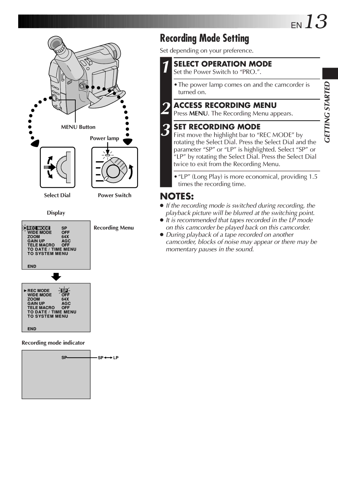 JVC LYT0217-001A, GR-DVA1 manual Recording Mode Setting, SET Recording Mode, Set depending on your preference 