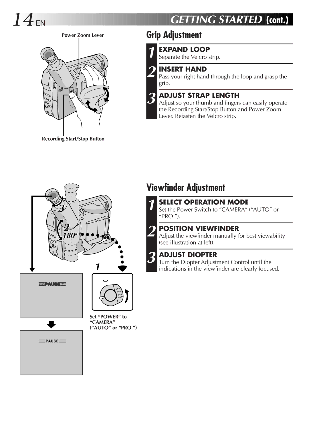 JVC GR-DVA1, LYT0217-001A manual 14 EN, Grip Adjustment, Viewfinder Adjustment 