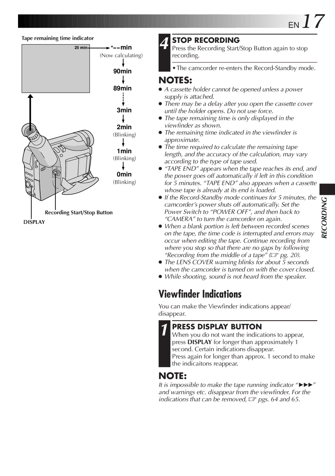 JVC LYT0217-001A, GR-DVA1 manual Viewfinder Indications, Stop Recording, Press Display Button 