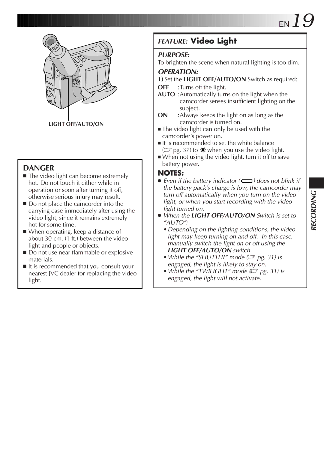 JVC LYT0217-001A, GR-DVA1 manual Feature Video Light, To brighten the scene when natural lighting is too dim, Battery power 