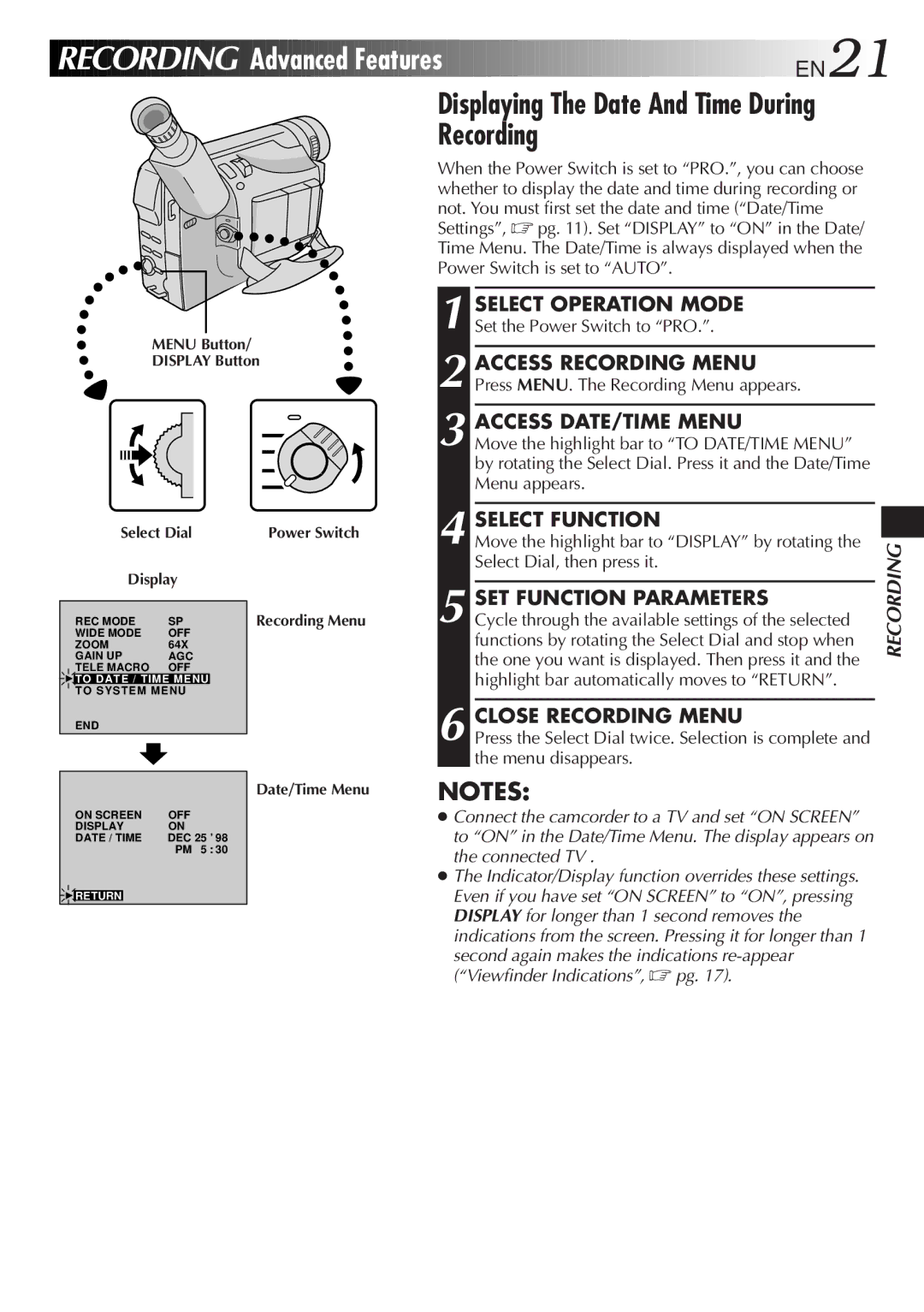 JVC LYT0217-001A, GR-DVA1 Recording Advanced Features EN21, Displaying The Date And Time During Recording, Select Function 