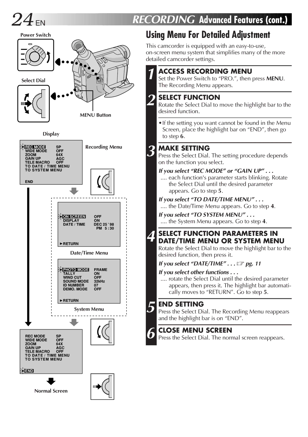 JVC GR-DVA1, LYT0217-001A manual 24 EN, Recording Advanced Features, Using Menu For Detailed Adjustment 