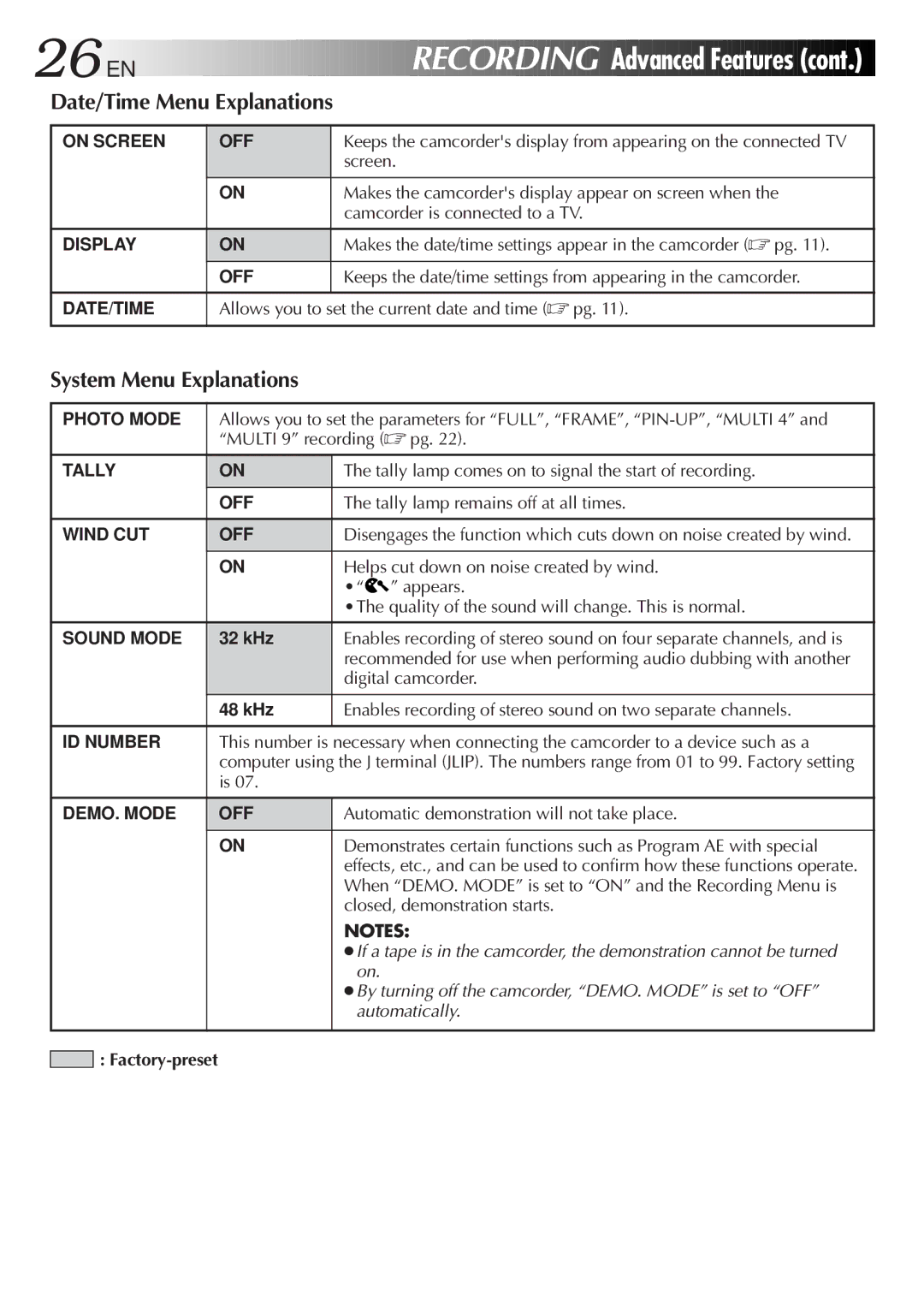 JVC GR-DVA1, LYT0217-001A manual Date/Time Menu Explanations, System Menu Explanations 