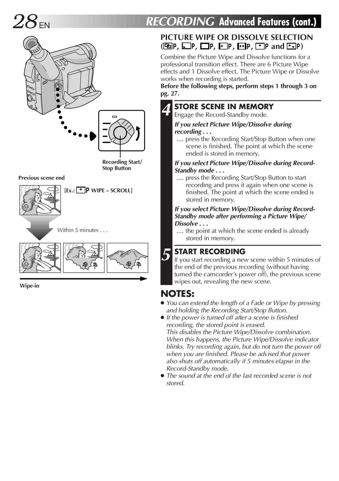 JVC GR-DVA1, LYT0217-001A manual 28 EN, Picture Wipe or Dissolve Selection P, P, P, P , P, P and P, Start Recording 