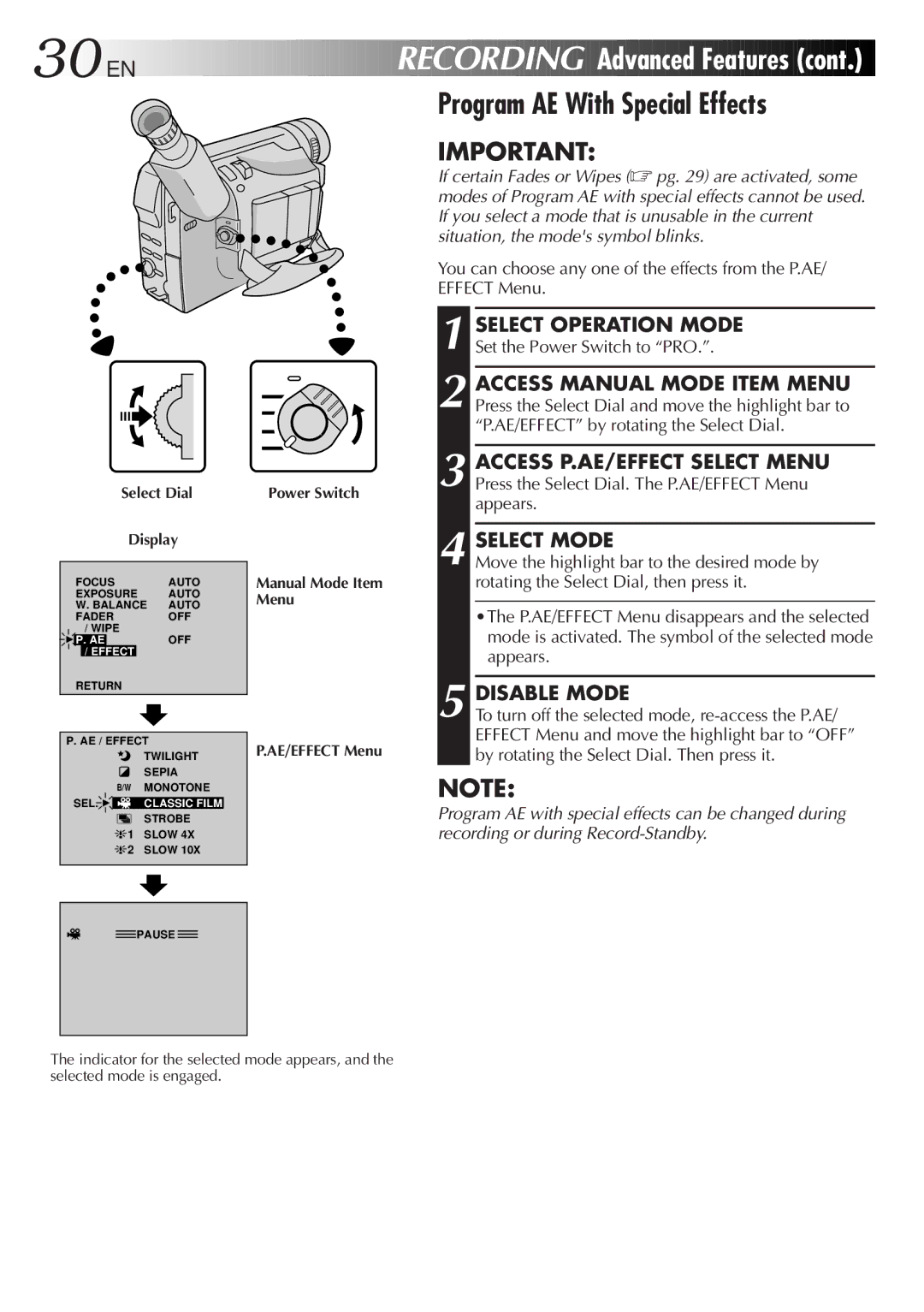 JVC GR-DVA1, LYT0217-001A manual 30 EN, Program AE With Special Effects, Select Mode, Disable Mode 