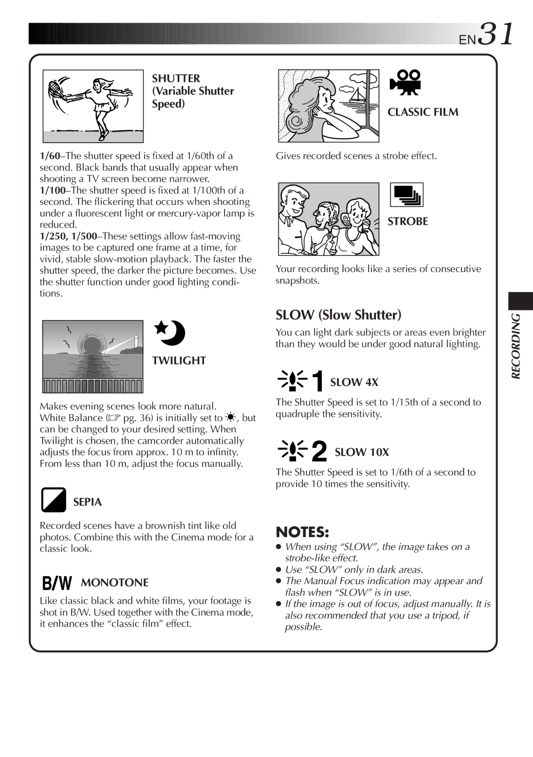 JVC LYT0217-001A, GR-DVA1 manual Shutter, Twilight, Sepia, Monotone, Classic Film, Strobe, Slow 