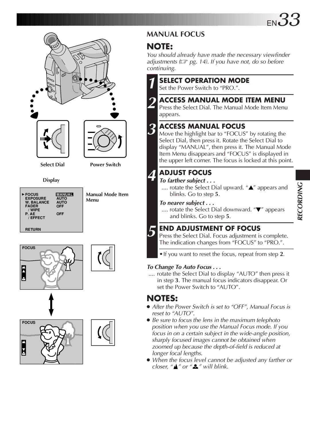 JVC LYT0217-001A, GR-DVA1 Access Manual Mode Item Menu, Access Manual Focus, Adjust Focus, END Adjustment of Focus 