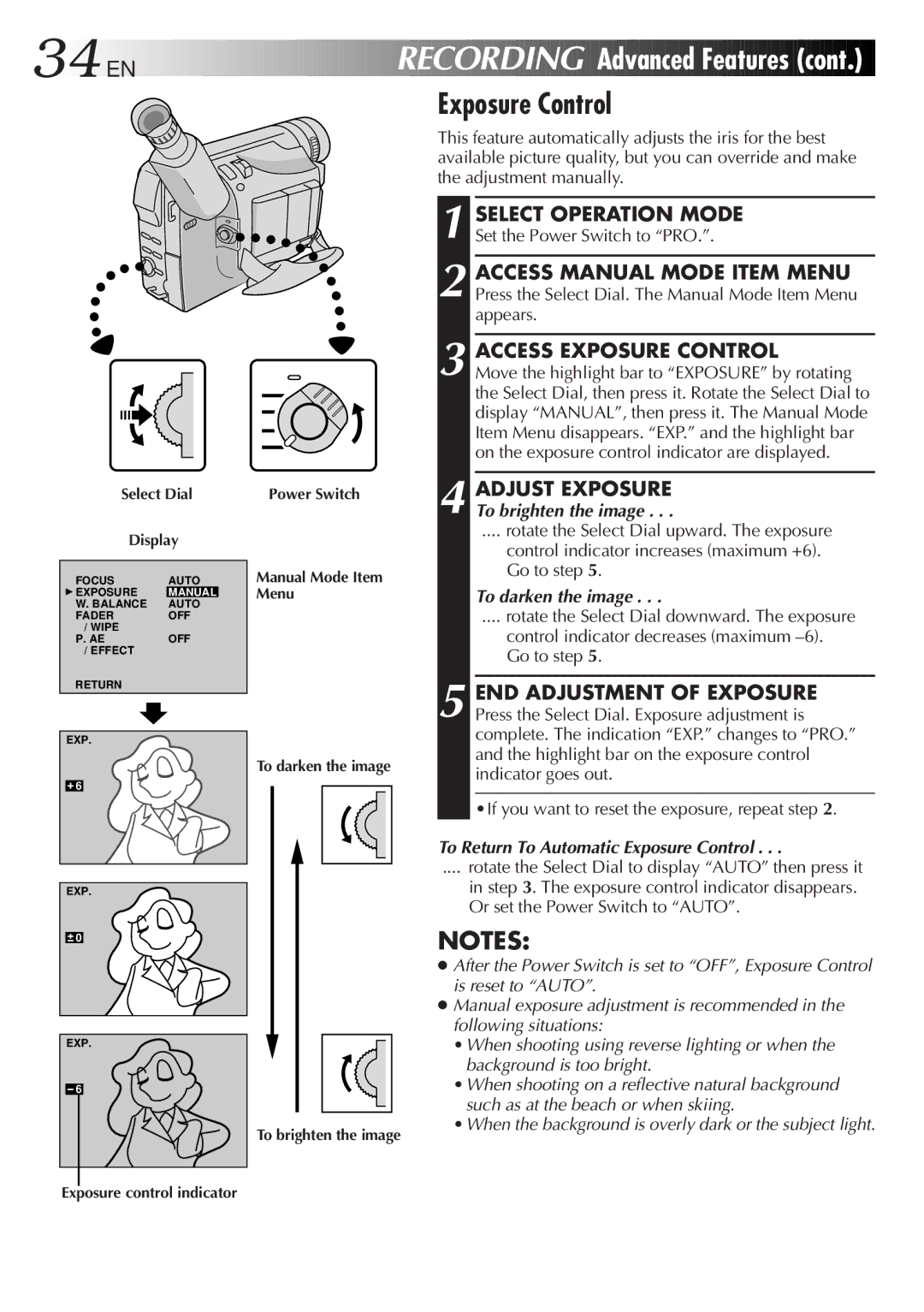 JVC GR-DVA1, LYT0217-001A 34 EN, Access Exposure Control, To darken the image, To Return To Automatic Exposure Control 