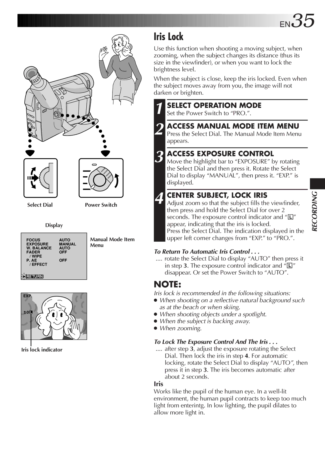 JVC LYT0217-001A, GR-DVA1 manual Iris Lock, Center SUBJECT, Lock Iris, To Return To Automatic Iris Control 