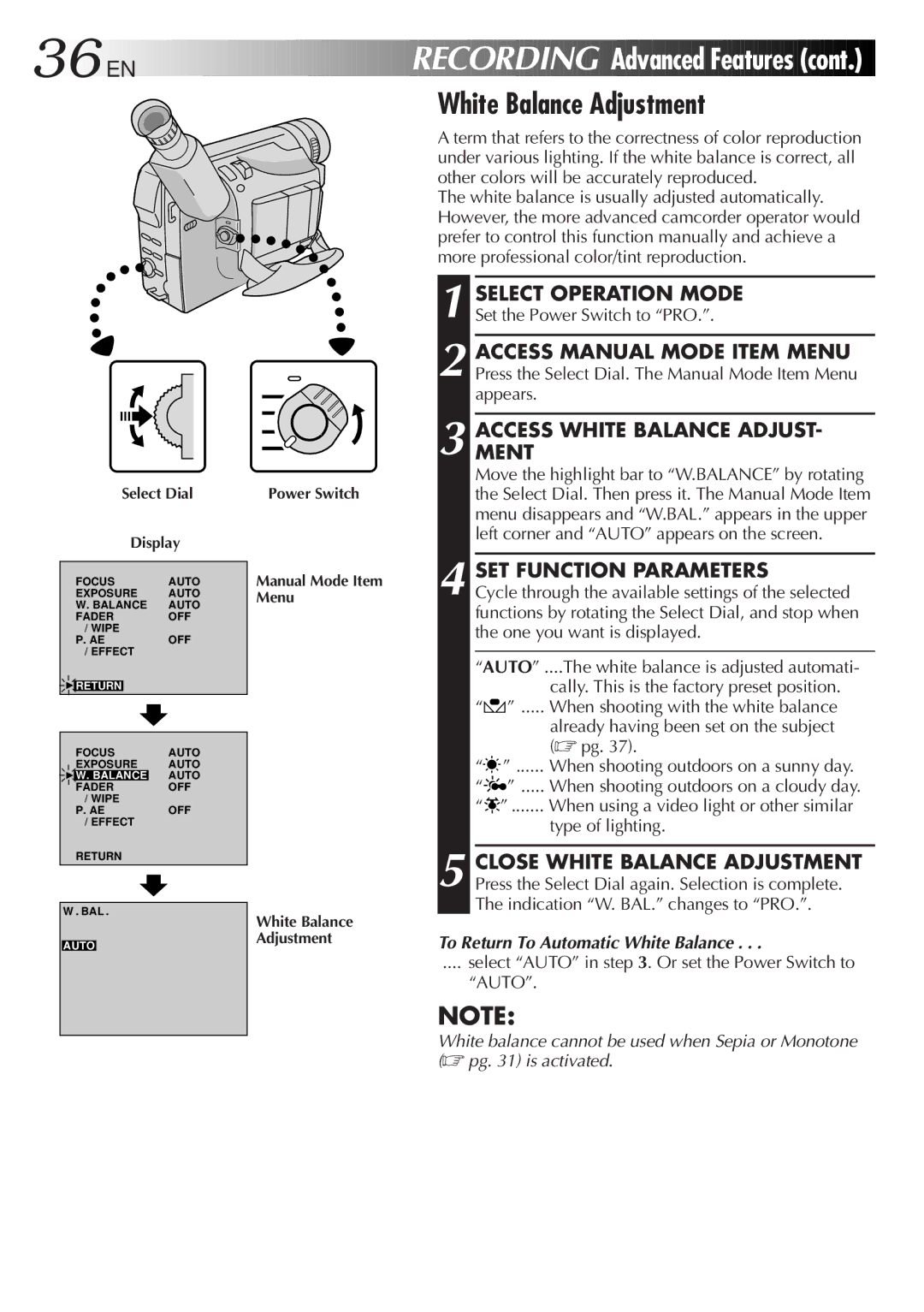 JVC GR-DVA1 manual 36 EN, White Balance Adjustment, Accessment White Balance Adjust, To Return To Automatic White Balance 