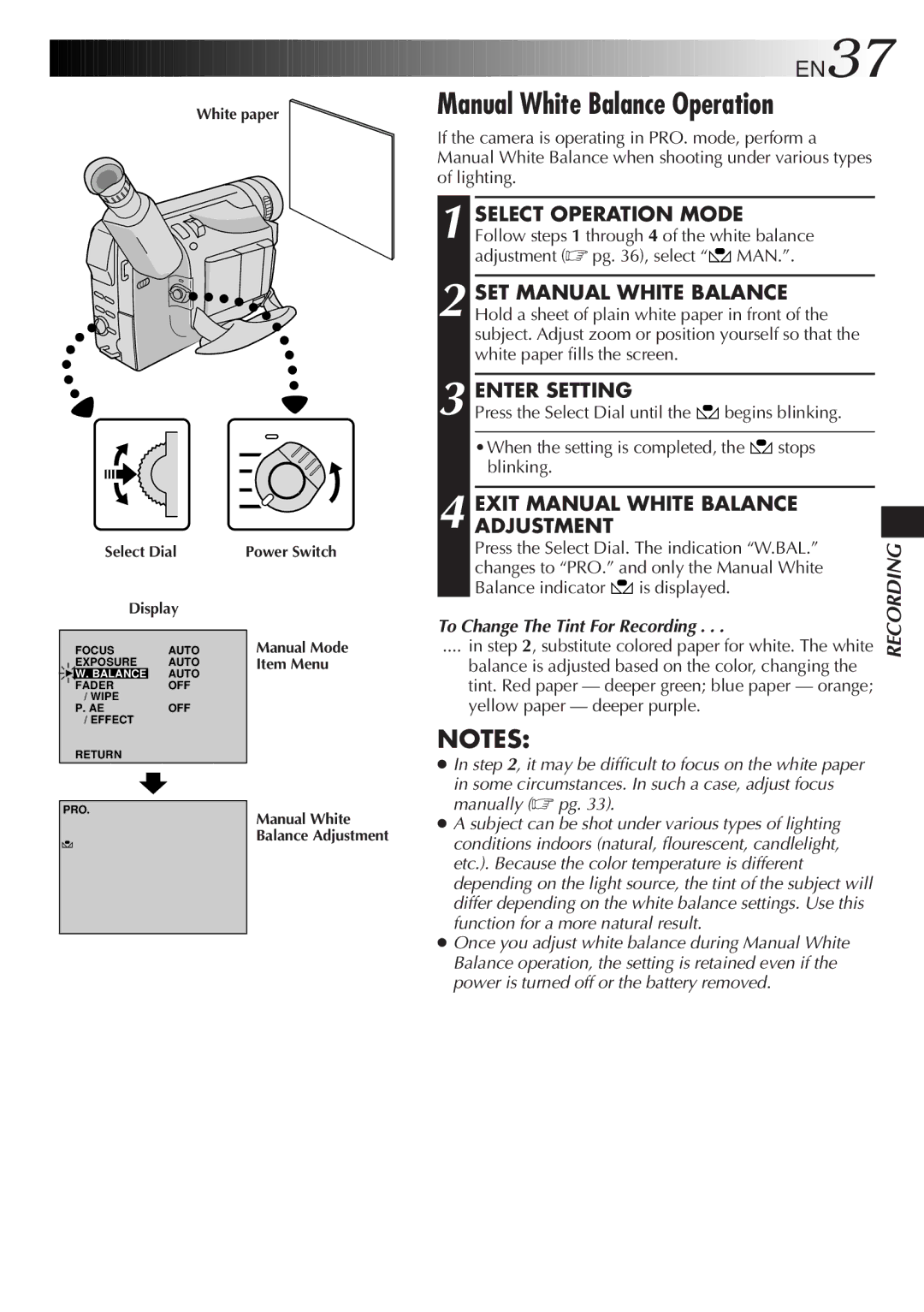 JVC LYT0217-001A Manual White Balance Operation, SET Manual White Balance, Enter Setting, To Change The Tint For Recording 