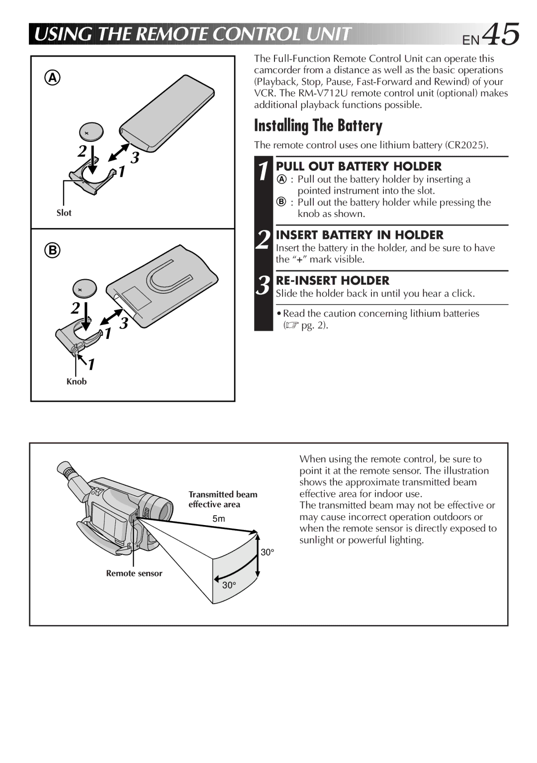 JVC LYT0217-001A, GR-DVA1 manual Using the Remote Control Unit EN45, Installing The Battery, Pull OUT Battery Holder 