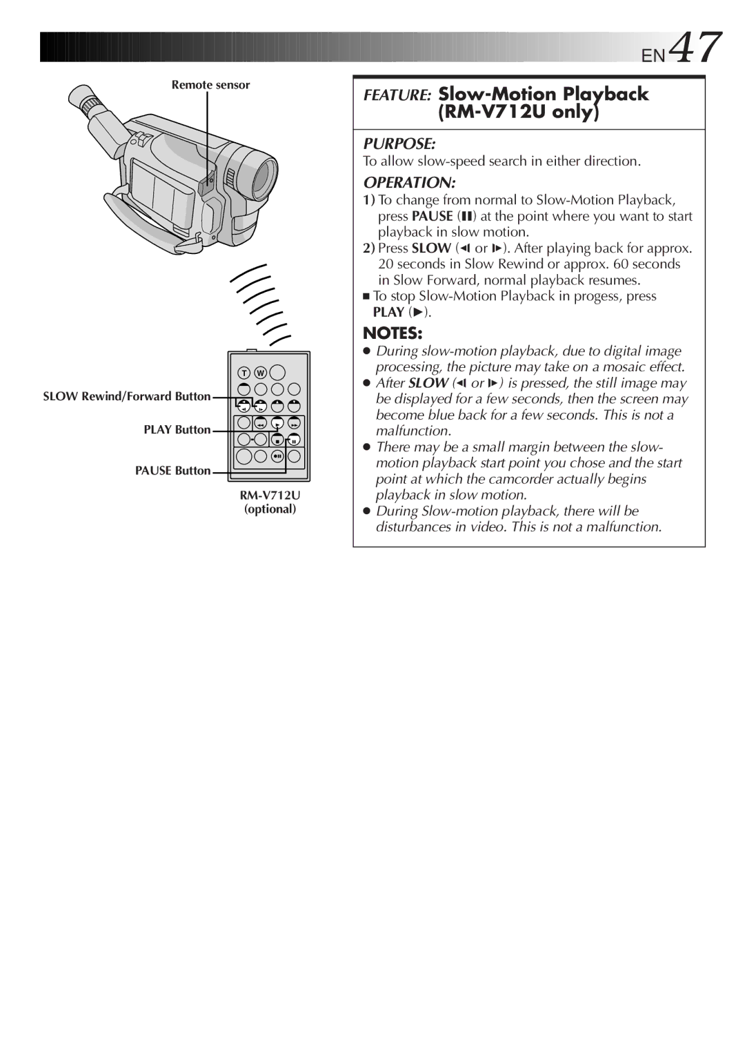 JVC LYT0217-001A, GR-DVA1 manual Feature Slow-Motion Playback RM-V712U only, To allow slow-speed search in either direction 