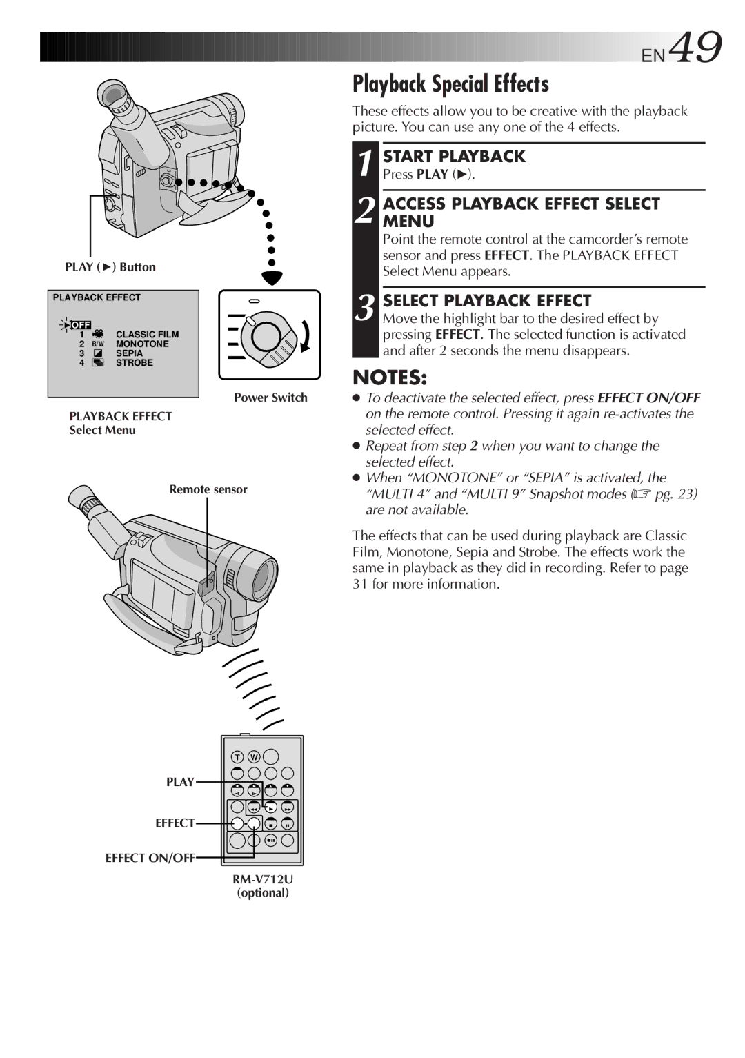 JVC LYT0217-001A manual Playback Special Effects, Start Playback, Accessmenu Playback Effect Select, Select Playback Effect 