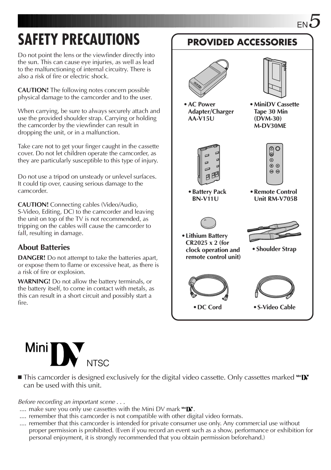 JVC LYT0217-001A, GR-DVA1 manual About Batteries, AA-V15U, BN-V11U 