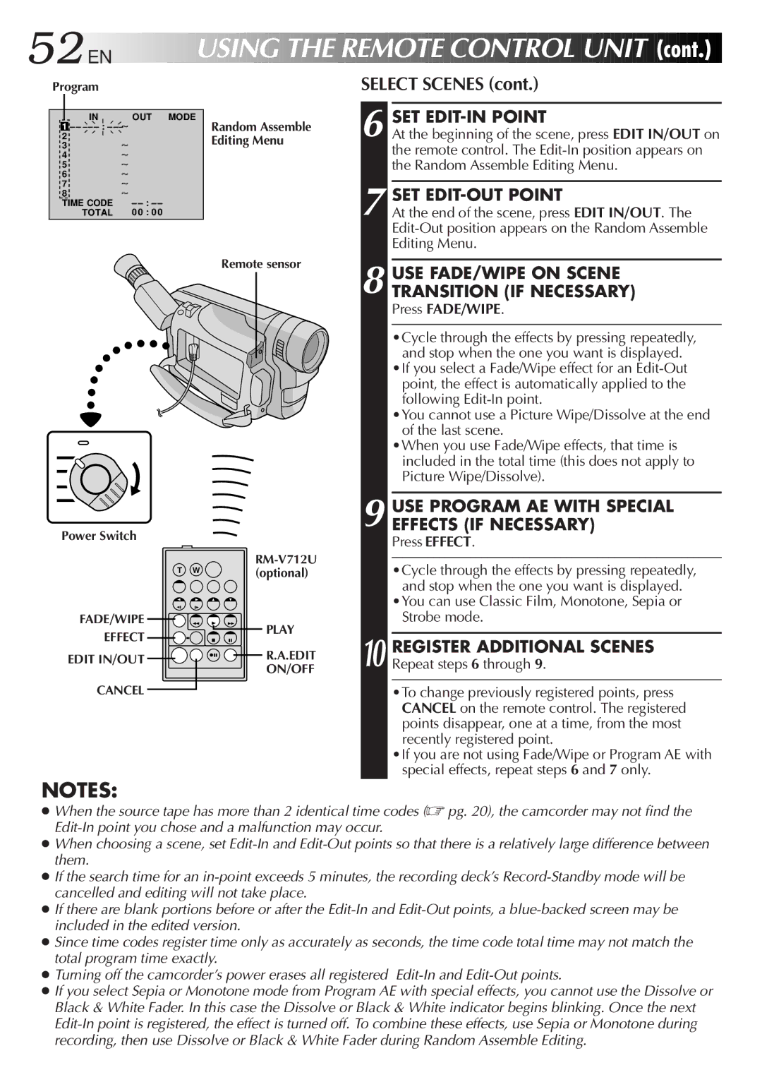 JVC GR-DVA1, LYT0217-001A manual 52 EN, Select Scenes, USE FADE/WIPE on Scene Transition if Necessary, Press FADE/WIPE 