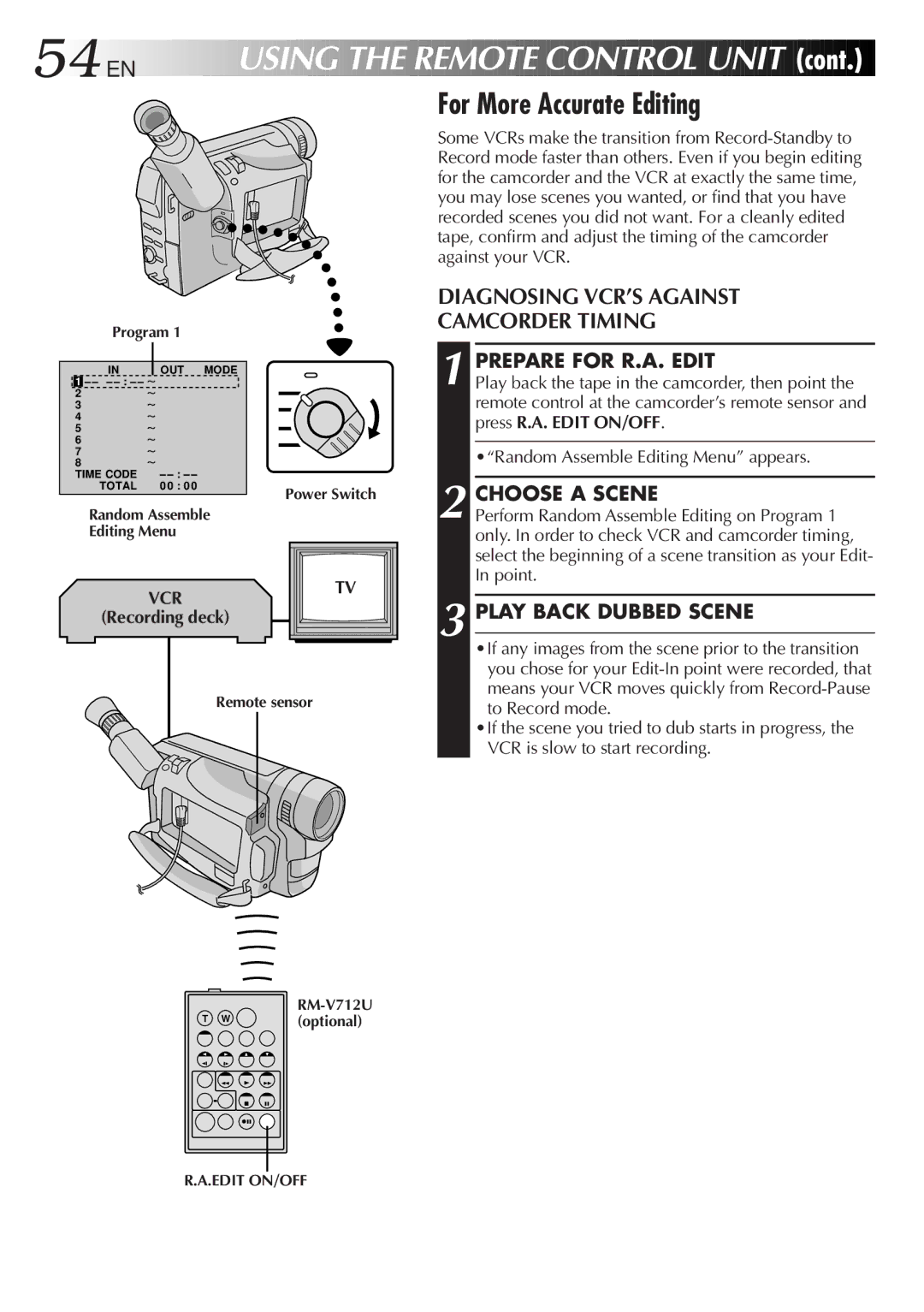 JVC GR-DVA1, LYT0217-001A manual 54 EN, For More Accurate Editing, Diagnosing VCR’S Against Camcorder Timing 