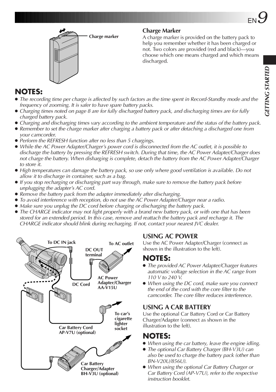 JVC LYT0217-001A, GR-DVA1 manual Using AC Power, Using a CAR Battery, Charge Marker 