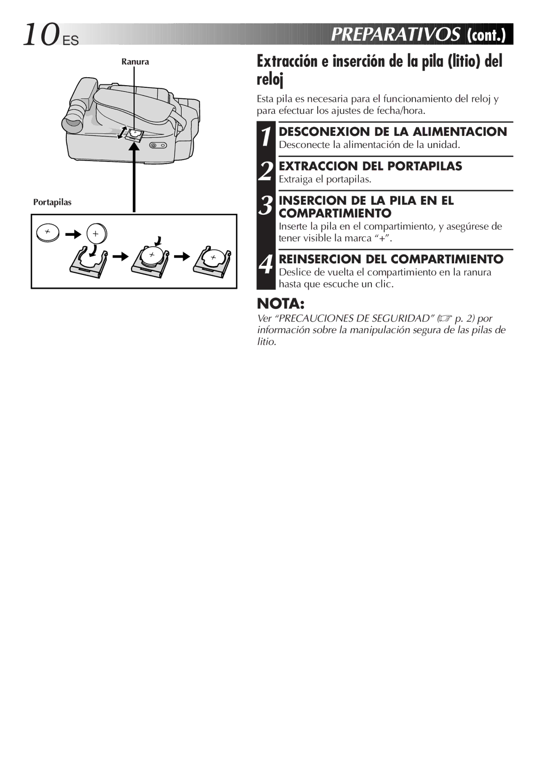 JVC GR-DVF10 manual 10 ES, Extracción e inserción de la pila litio del reloj, Insercion DE LA Pila EN EL Compartimiento 