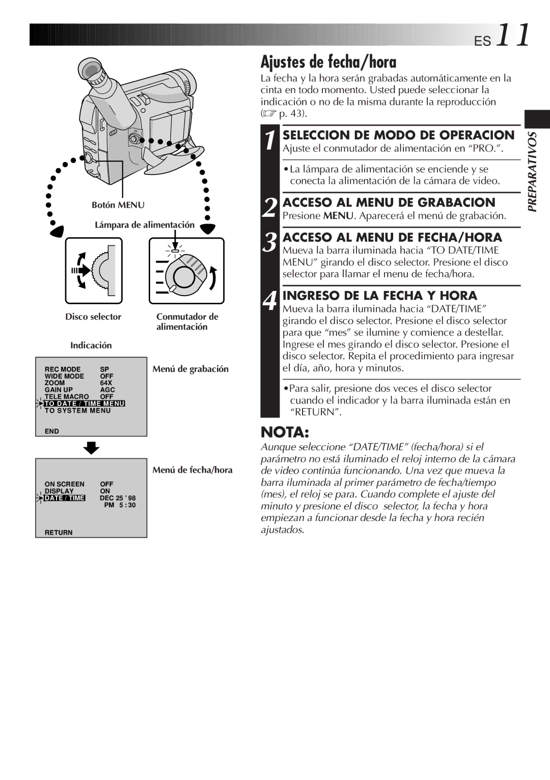 JVC GR-DVF10 manual Ajustes de fecha/hora, Botón Menu Lámpara de alimentación, Disco selector, Menú de grabación 