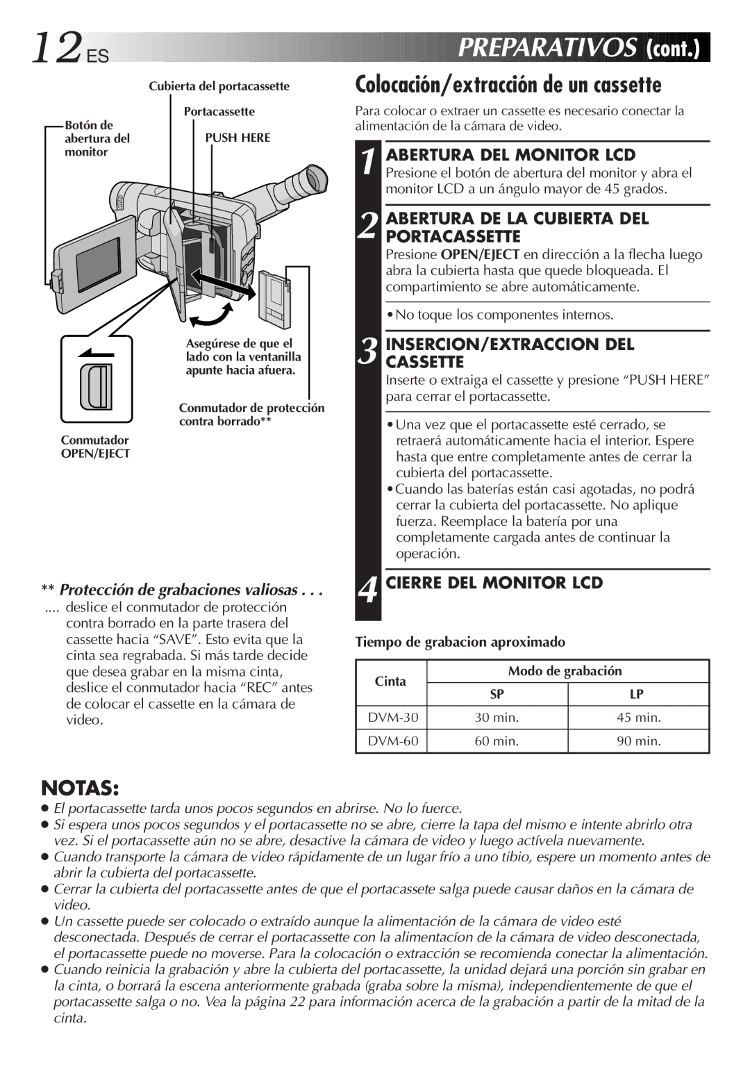 JVC GR-DVF10 manual 12 ES, Colocación/extracción de un cassette, Abertura DE LA Cubierta DEL Portacassette 