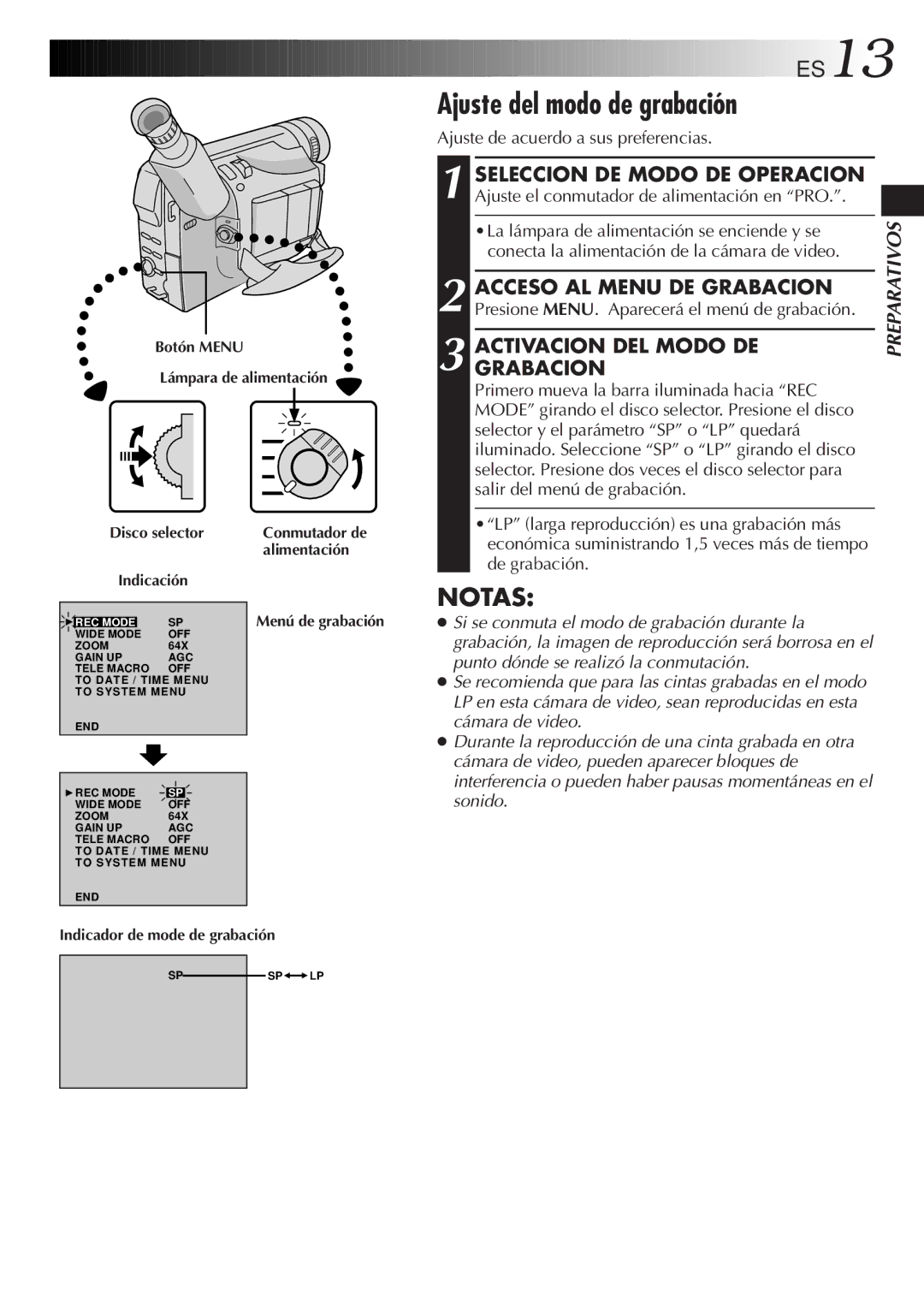 JVC GR-DVF10 manual Ajuste del modo de grabación, Seleccion DE Modo DE Operacion, Grabacionactivacion DEL Modo DE 