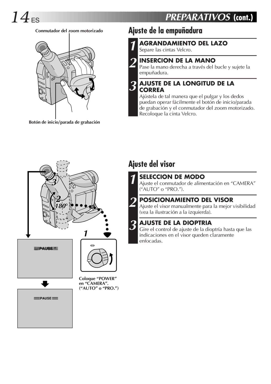 JVC GR-DVF10 manual 14 ES, Ajuste de la empuñadura, Ajuste del visor 