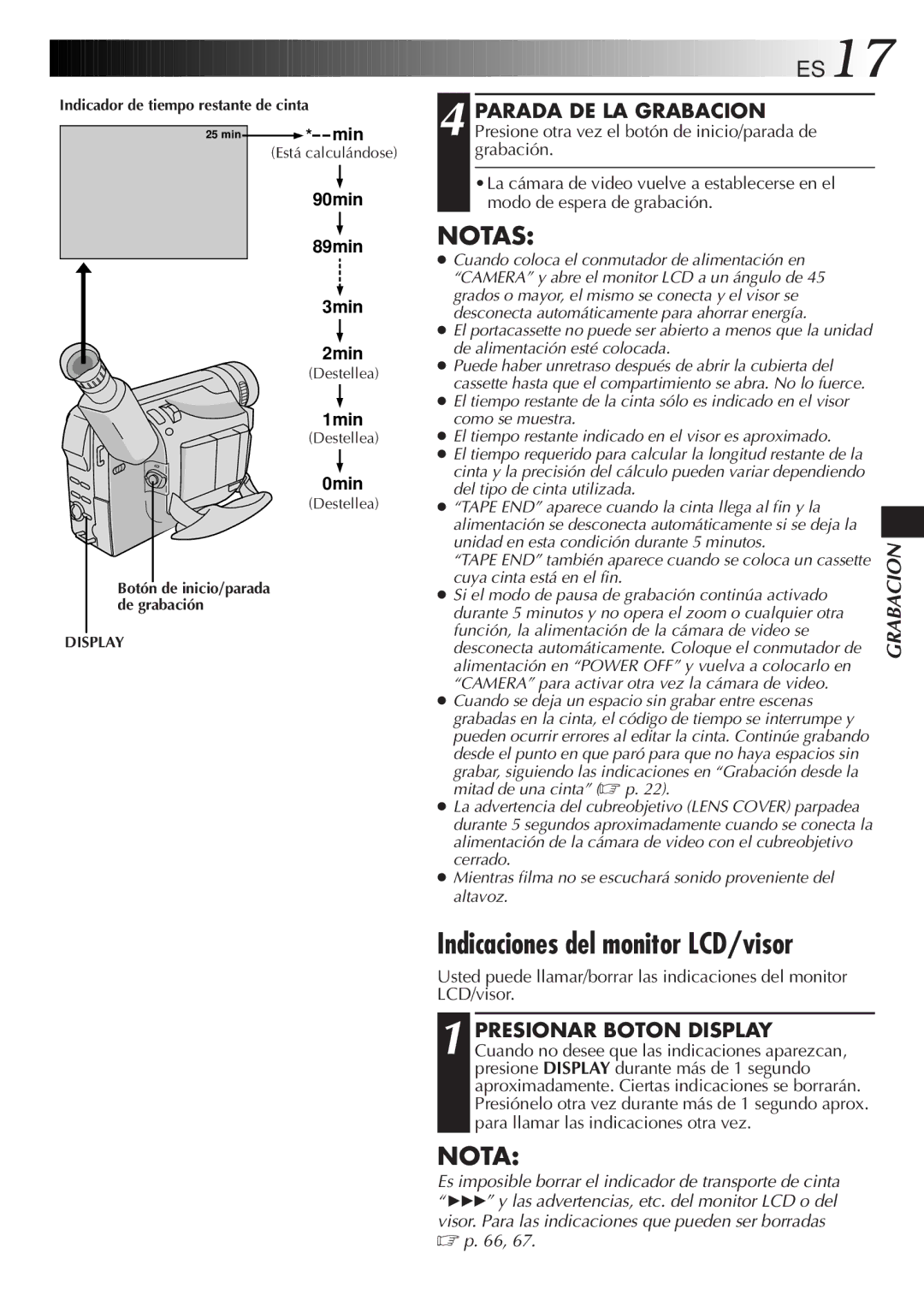 JVC GR-DVF10 manual ES17, Indicador de tiempo restante de cinta 