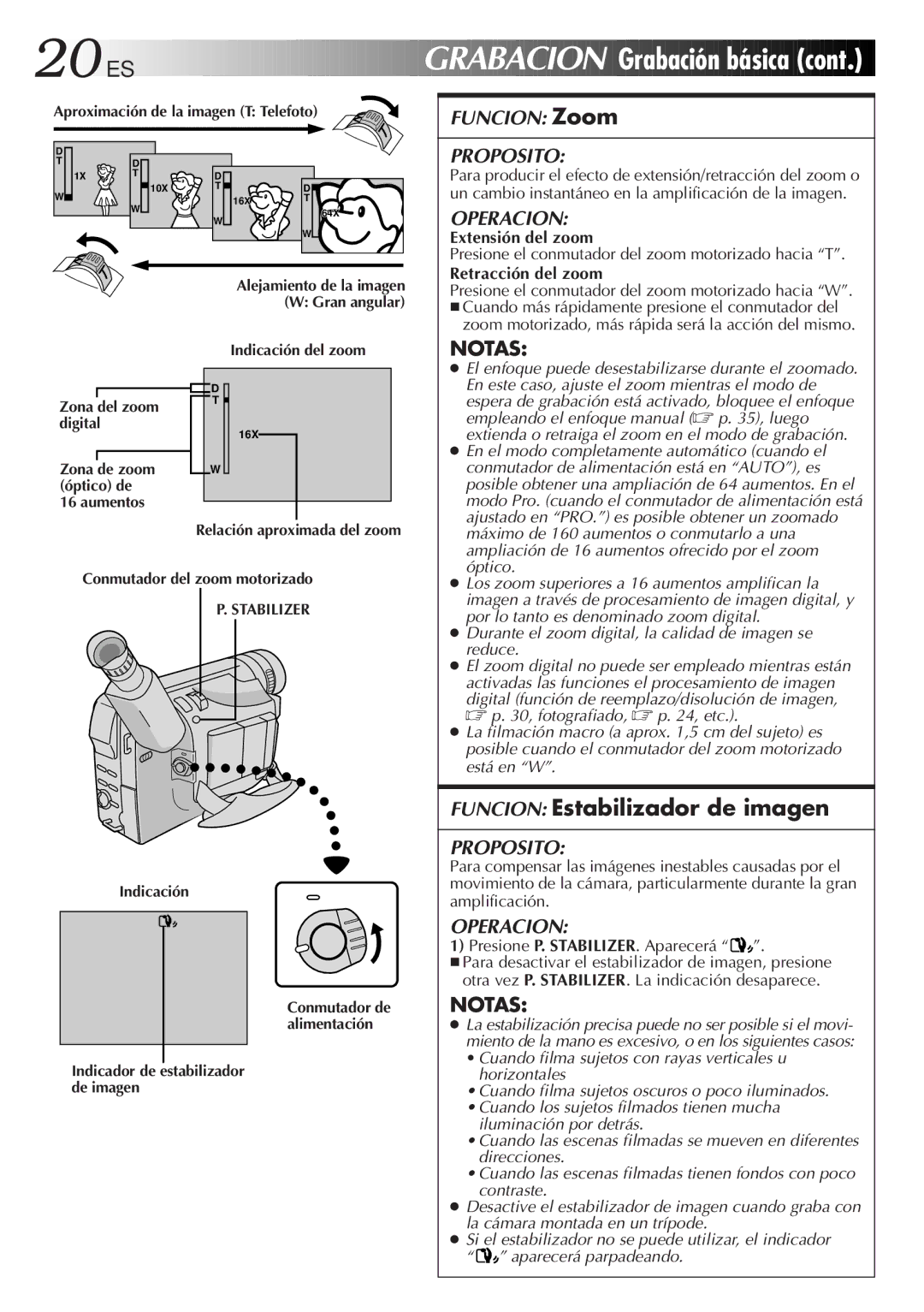 JVC GR-DVF10 manual 20 ES, Grabación básica, Funcion Estabilizador de imagen, Notas 