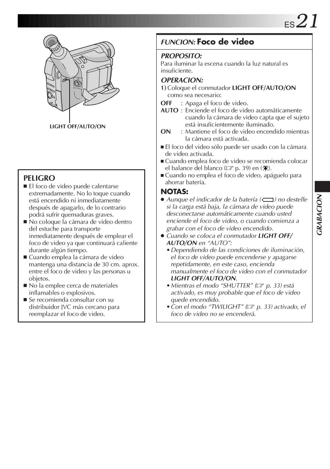 JVC GR-DVF10 manual Peligro, Funcion Foco de video 