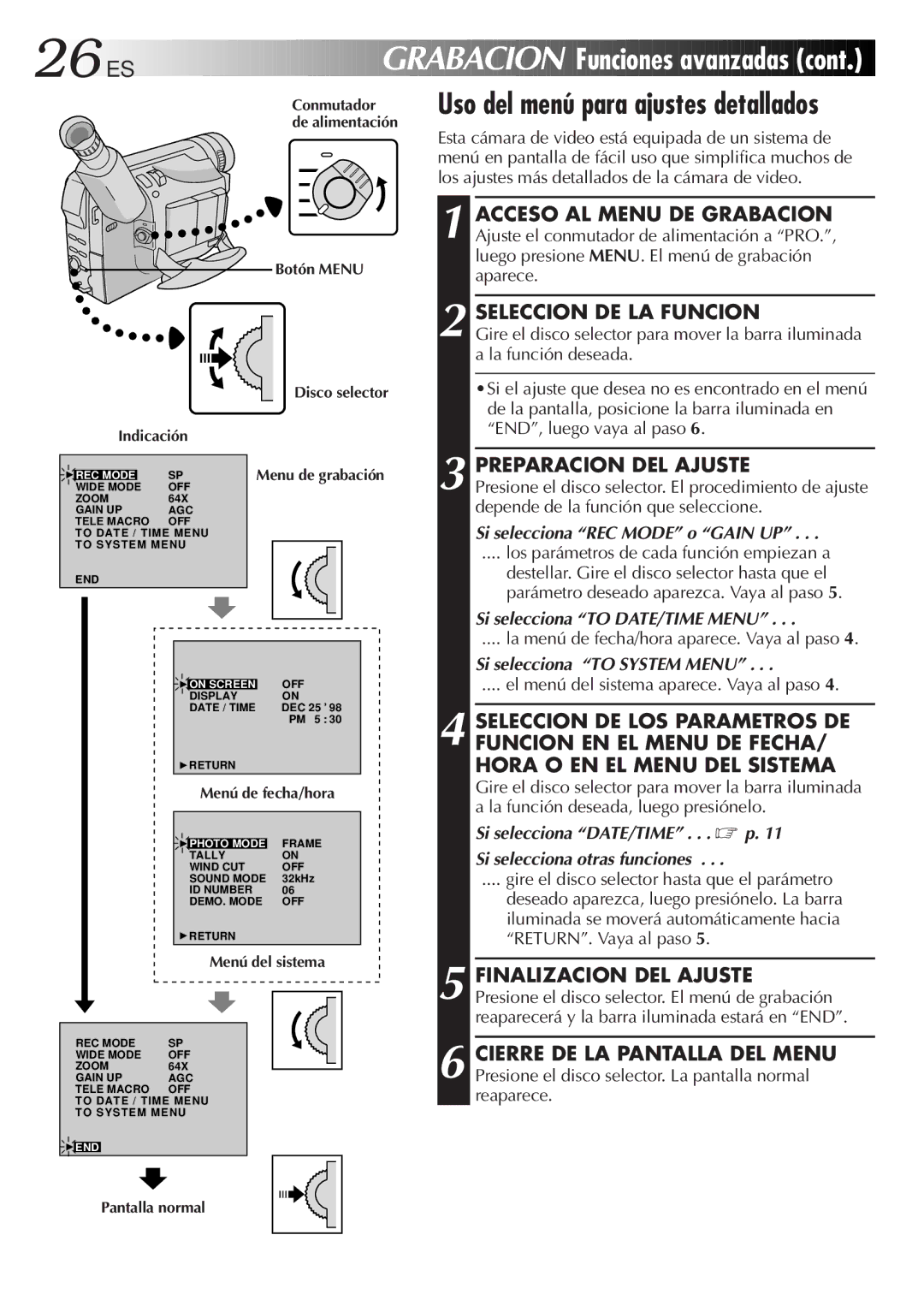 JVC GR-DVF10 manual Uso del menú para ajustes detallados, Seleccion DE LA Funcion, Preparacion DEL Ajuste 