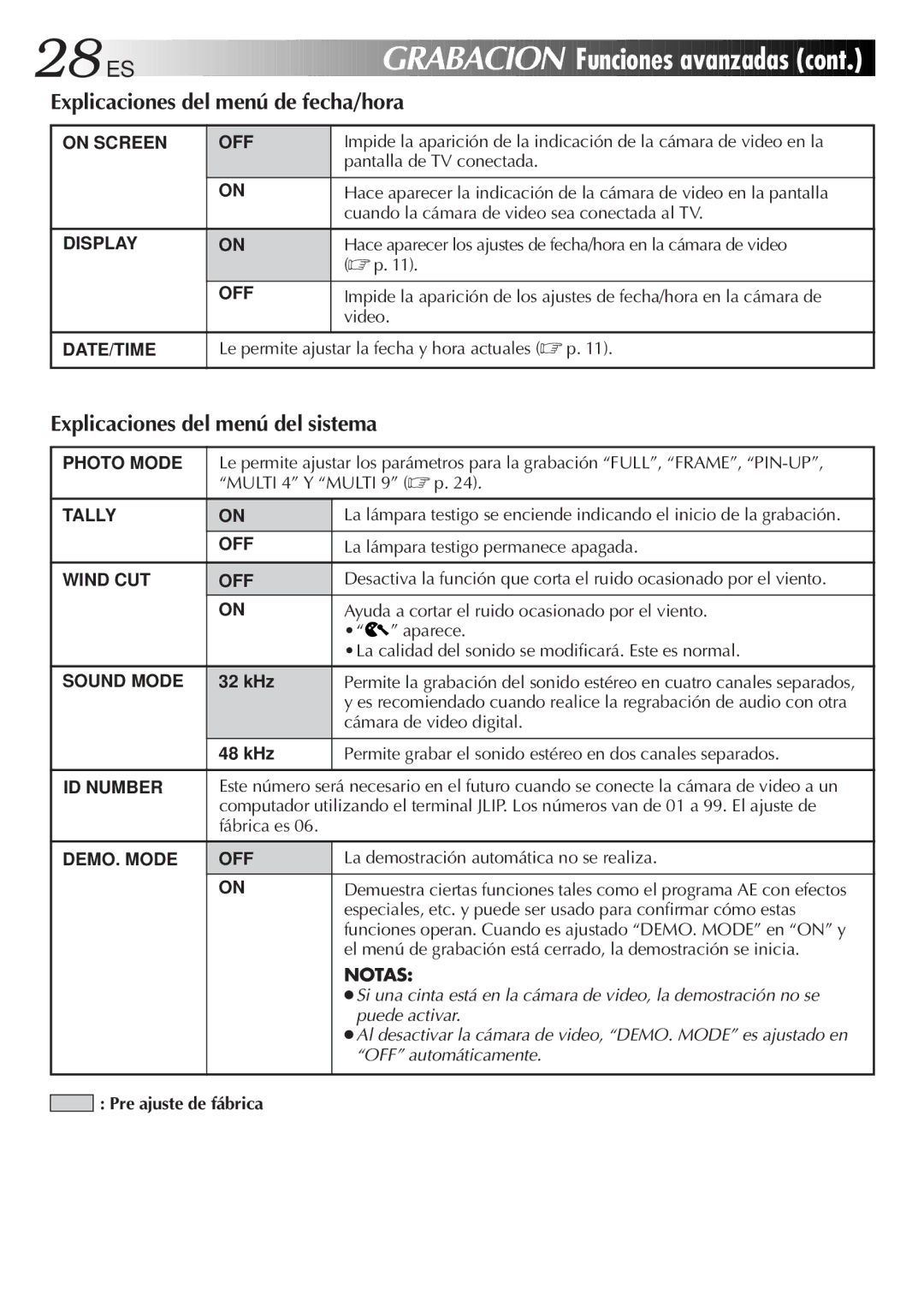 JVC GR-DVF10 manual Explicaciones del menú de fecha/hora, Explicaciones del menú del sistema 