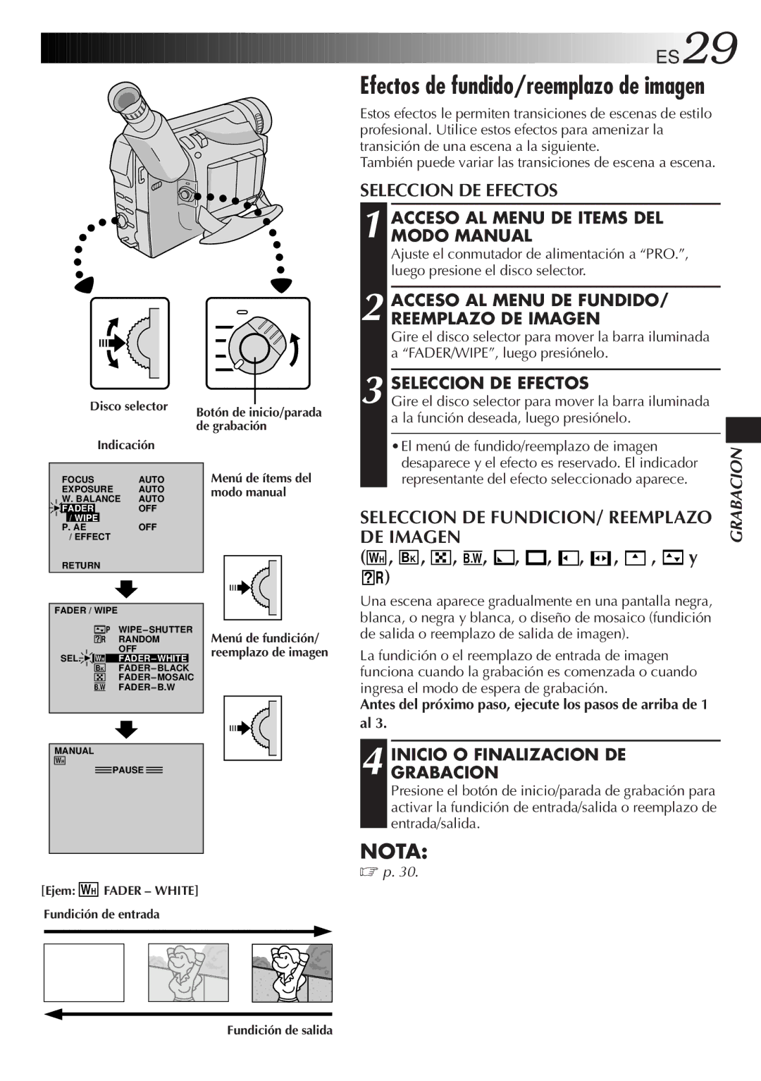 JVC GR-DVF10 Efectos de fundido/reemplazo de imagen, Seleccion DE Efectos, Seleccion DE FUNDICION/ Reemplazo, DE Imagen 