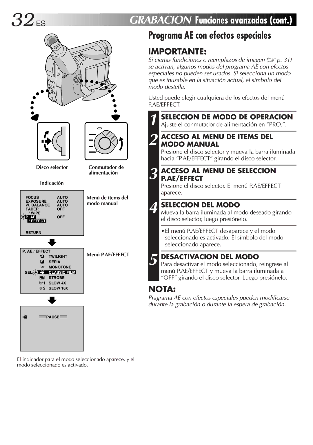 JVC GR-DVF10 32 ES, Acceso AL Menu DE Items DEL Modo Manual, Acceso AL Menu DE Seleccion P.AE/EFFECT, Seleccion DEL Modo 