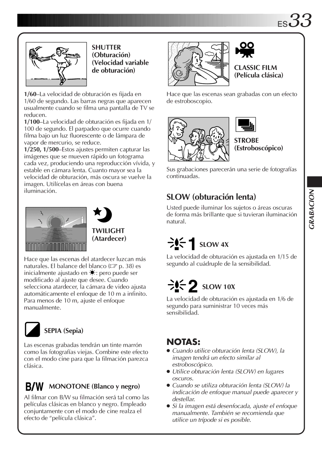 JVC GR-DVF10 manual Twilight Atardecer, Slow, Sepia Sepia, Monotone Blanco y negro, Classic Film Película clásica 