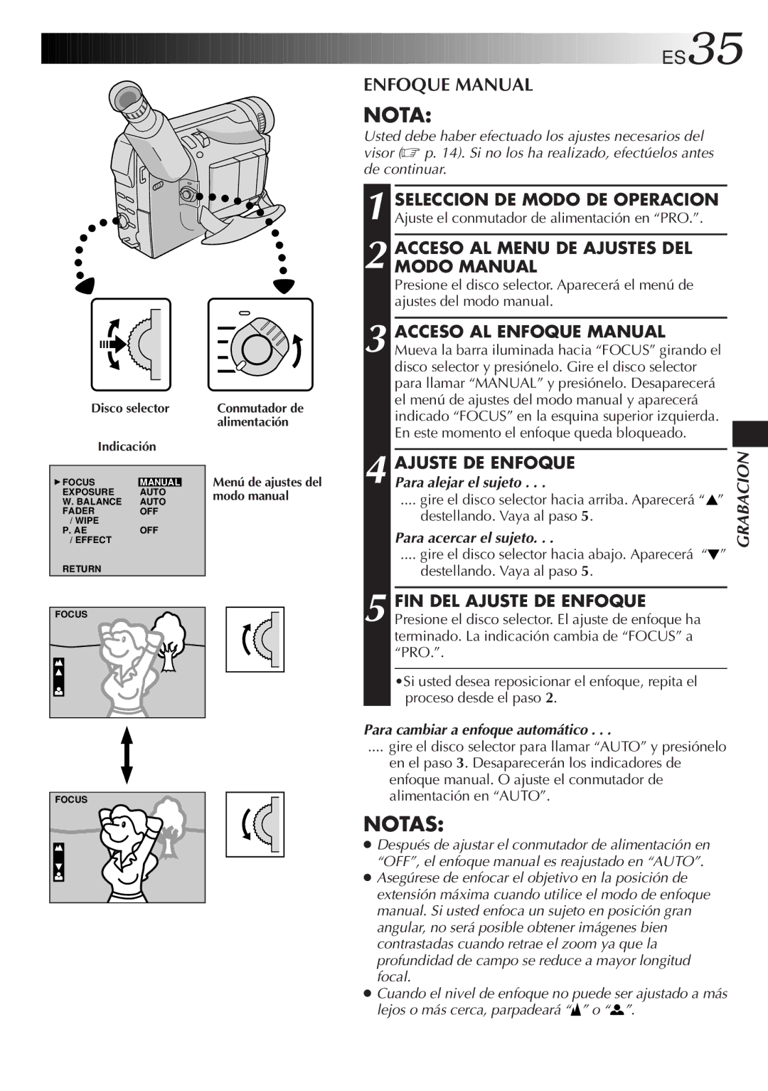 JVC GR-DVF10 manual Acceso AL Menu DE Ajustes DEL Modo Manual, Acceso AL Enfoque Manual, Ajuste DE Enfoque 