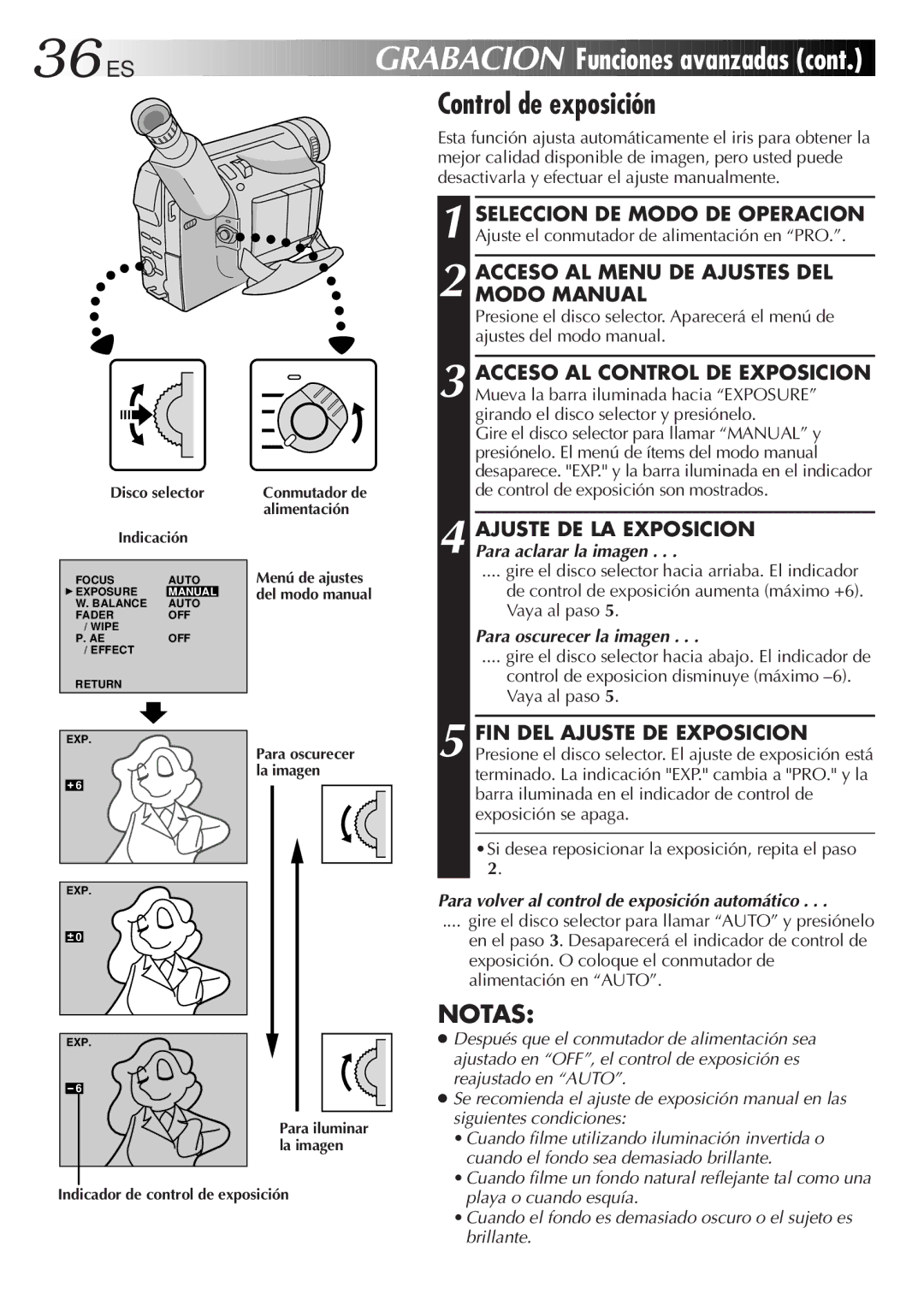 JVC GR-DVF10 manual 36 ES, Grabacion Funciones avanzadas cont. Control de exposición, Para oscurecer la imagen 