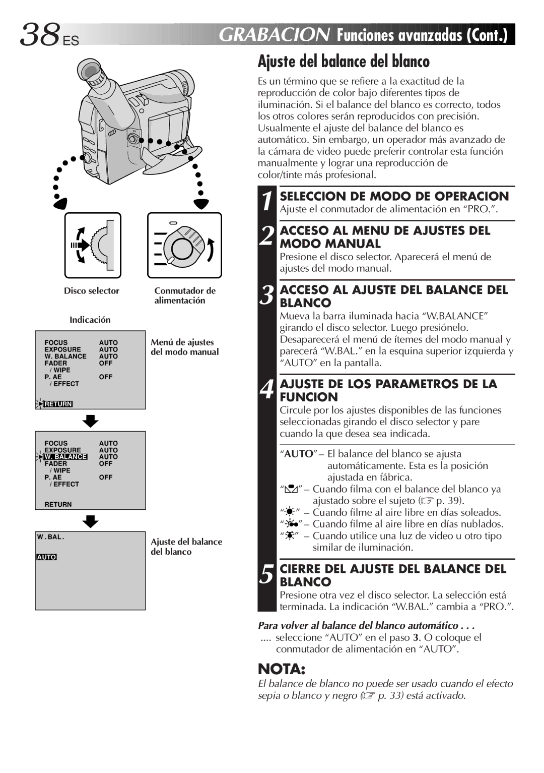 JVC GR-DVF10 manual 38 ES, Accesoblanco AL Ajuste DEL Balance DEL, Cierre DEL Ajuste DEL Balance DEL Blanco 