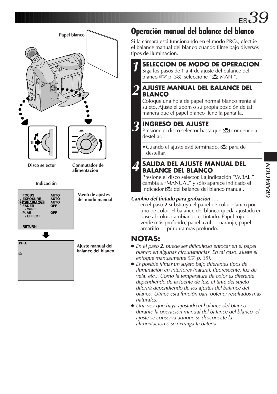 JVC GR-DVF10 manual Ajuste Manual DEL Balance DEL Blanco, Ingreso DEL Ajuste, Salida DEL Ajuste Manual DEL 