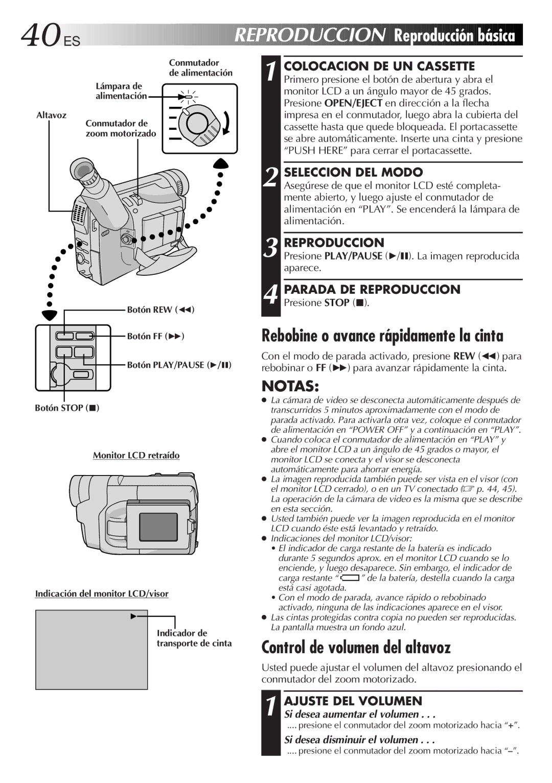 JVC GR-DVF10 manual Reproducción básica, Control de volumen del altavoz, Parada DE Reproduccion 