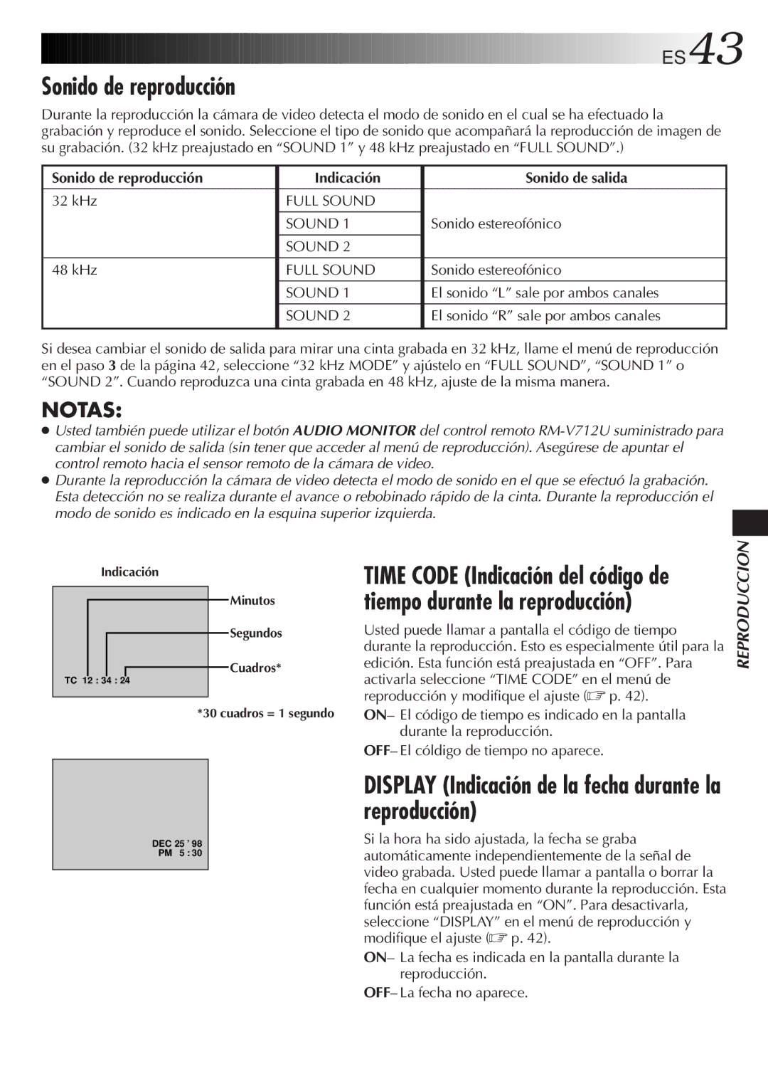 JVC GR-DVF10 manual Sonido de reproducción, Display Indicación de la fecha durante la reproducción 