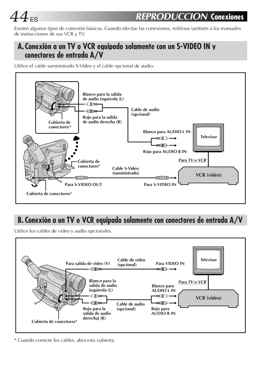 JVC GR-DVF10 manual 44 ES, Conectores de entrada A/V, Utilice los cables de video y audio opcionales, VCR video 