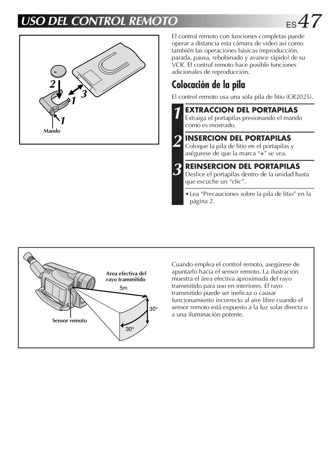 JVC GR-DVF10 manual Colocación de la pila, Sensor remoto 